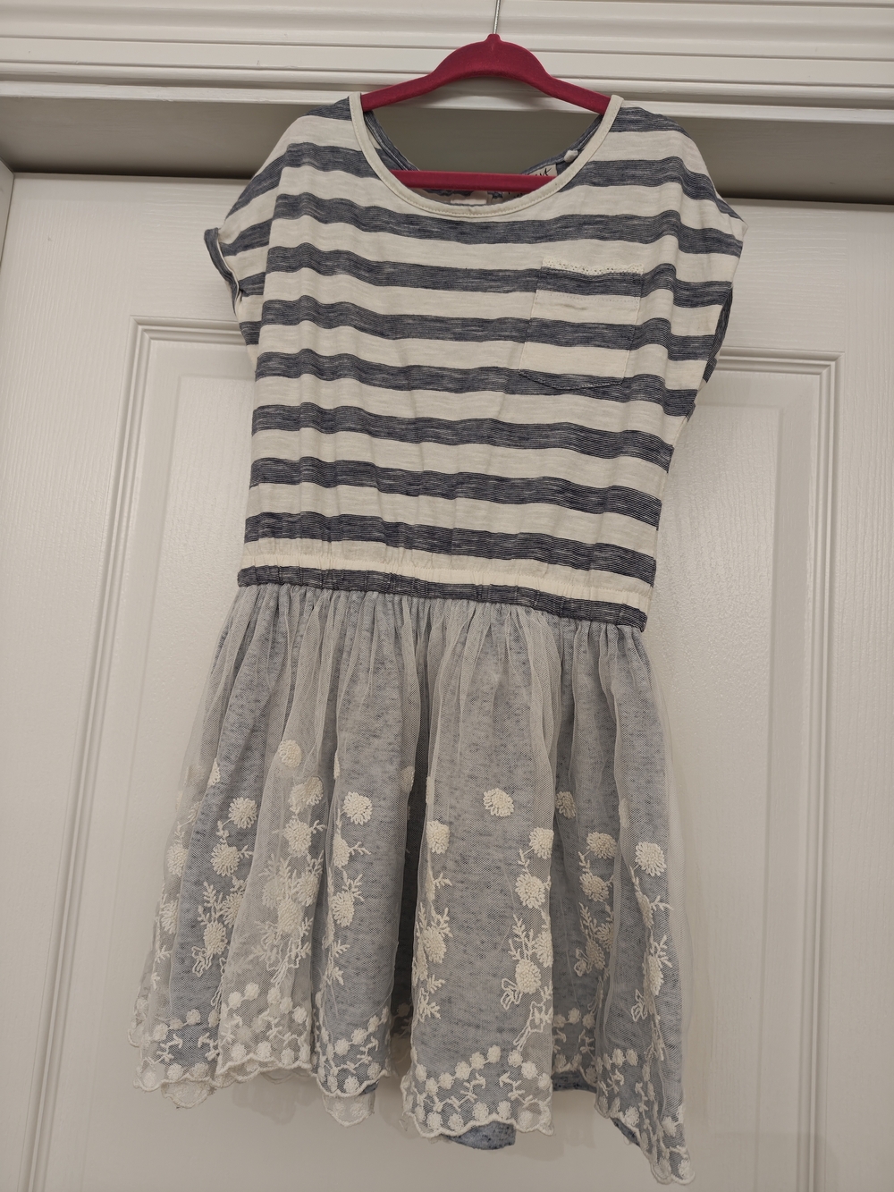 next Navy and White Striped Dress with Embroidered Tulle Skirt